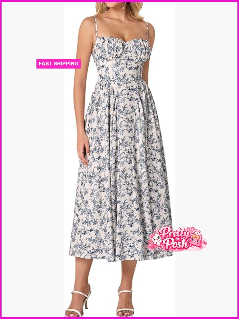 Flowy A-Line Corset Sundress With Lace Up Back - Midi Length